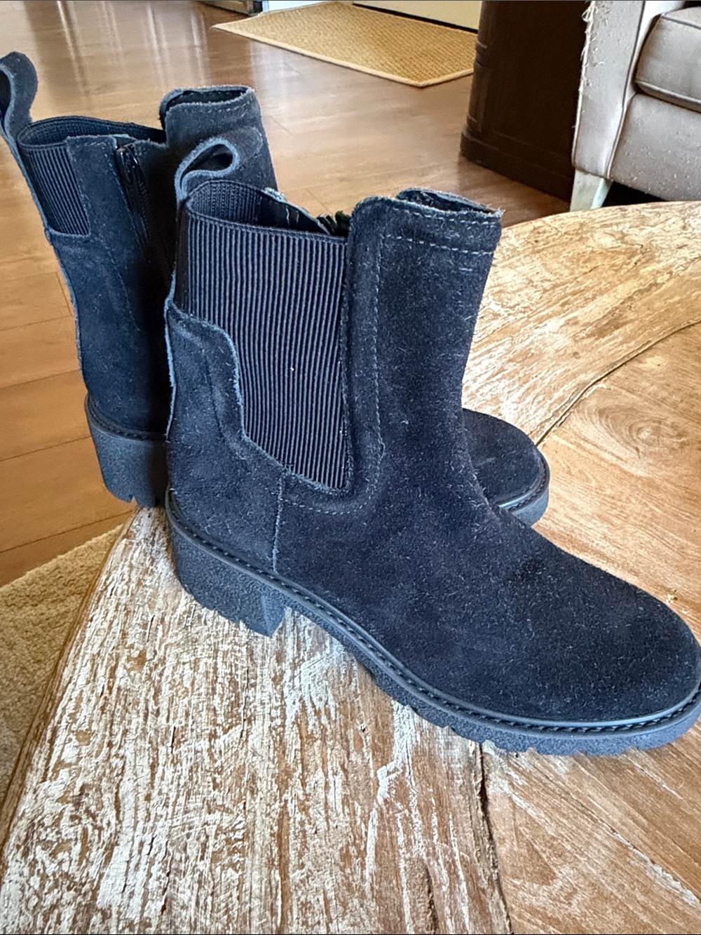 Chelsea & Violet Black Suede Lug Sole Chelsea Booties
